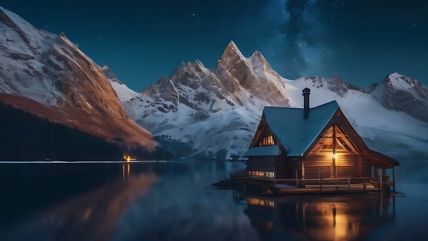 Wooden house on the side of beautiful lake and rocky mountain range. 