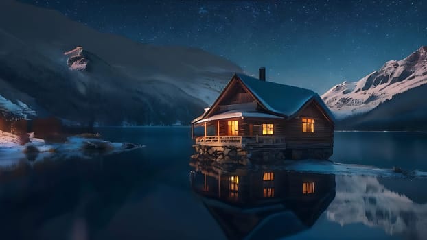 Wooden house on the side of beautiful lake and rocky mountain range. 