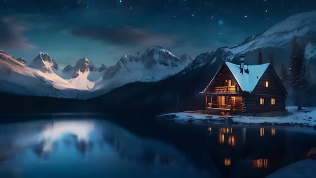 Wooden house on the side of beautiful lake and rocky mountain range. 