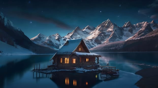 Wooden house on the side of beautiful lake and rocky mountain range. 