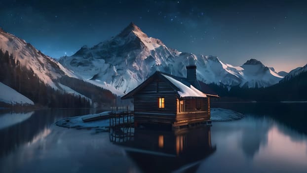 Wooden house on the side of beautiful lake and rocky mountain range. 