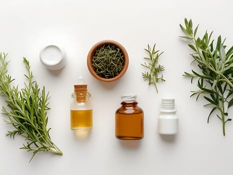 Aesthetic essential oil flatlay blank mockup on white background. Cosmetic container for advertising template.