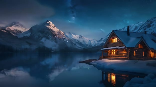 Wooden house on the side of beautiful lake and rocky mountain range. 