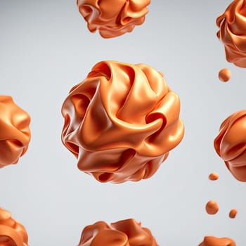 3D rendering of a minimalistic matte inflatable crumpled silicone ball or group of orange colored balls floating in the air on a transparent background . Abstraction isolated on transparent background