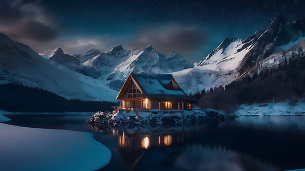 Wooden house on the side of beautiful lake and rocky mountain range. 