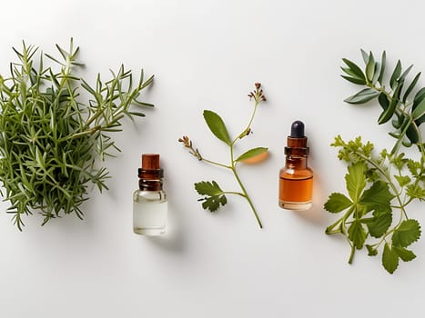 Aesthetic essential oil flatlay blank mockup on white background. Cosmetic container for advertising template.