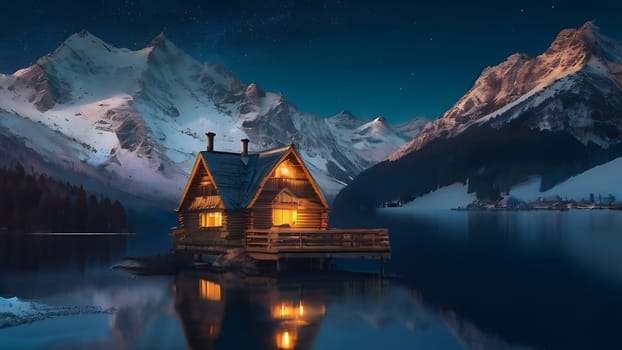 Wooden house on the side of beautiful lake and rocky mountain range. 