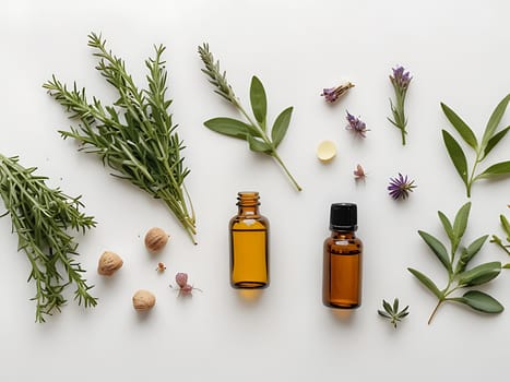 Aesthetic essential oil flatlay blank mockup on white background. Cosmetic container for advertising template.