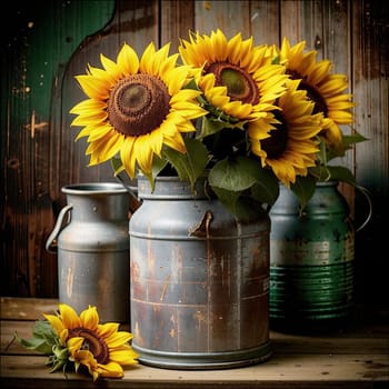 Vintage image of a rural farm wooden house with an antique milk can, a dilapidated barn, a bouquet of sunflowers. Junk journal. photograph with wear and tear. Country mood.