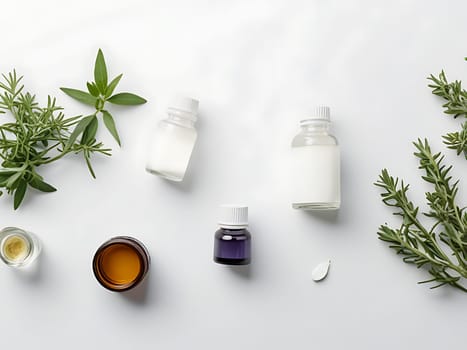 Aesthetic essential oil flatlay blank mockup on white background. Cosmetic container for advertising template.