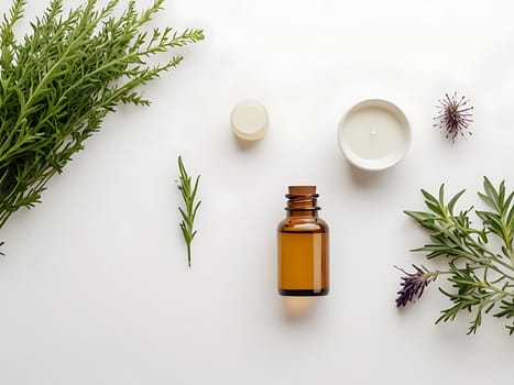 Aesthetic essential oil flatlay blank mockup on white background. Cosmetic container for advertising template.