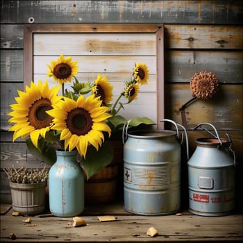 Vintage image of a rural farm wooden house with an antique milk can, a dilapidated barn, a bouquet of sunflowers. Junk journal. photograph with wear and tear. Country mood.