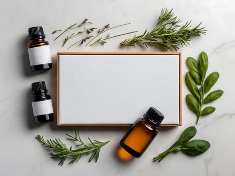 Aesthetic essential oil flatlay blank mockup on white background. Cosmetic container for advertising template.