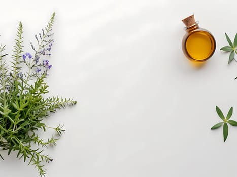 Aesthetic essential oil flatlay blank mockup on white background. Cosmetic container for advertising template.