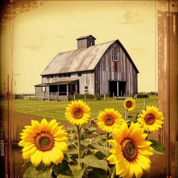 Vintage image of a rural farm wooden house with an antique milk can, a dilapidated barn, a bouquet of sunflowers. Junk journal. photograph with wear and tear. Country mood.