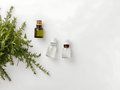 Aesthetic essential oil flatlay blank mockup on white background. Cosmetic container for advertising template.