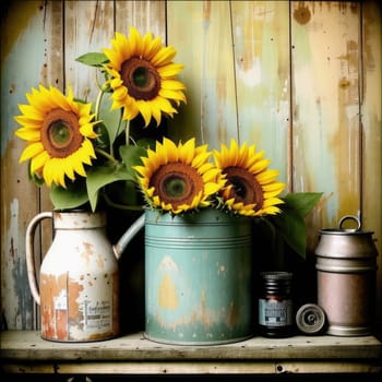 Vintage image of a rural farm wooden house with an antique milk can, a dilapidated barn, a bouquet of sunflowers. Junk journal. photograph with wear and tear. Country mood.