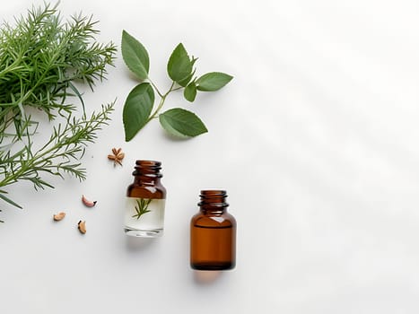 Aesthetic essential oil flatlay blank mockup on white background. Cosmetic container for advertising template.