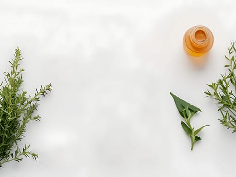 Aesthetic essential oil flatlay blank mockup on white background. Cosmetic container for advertising template.