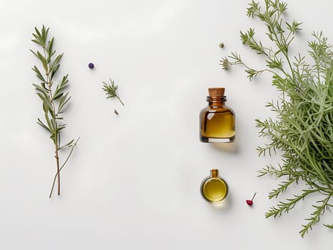 Aesthetic essential oil flatlay blank mockup on white background. Cosmetic container for advertising template.