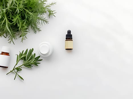 Aesthetic essential oil flatlay blank mockup on white background. Cosmetic container for advertising template.