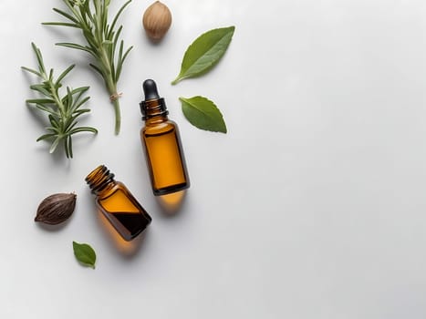 Aesthetic essential oil flatlay blank mockup on white background. Cosmetic container for advertising template.