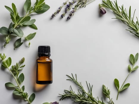 Aesthetic essential oil flatlay blank mockup on white background. Cosmetic container for advertising template.