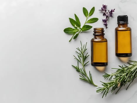 Aesthetic essential oil flatlay blank mockup on white background. Cosmetic container for advertising template.