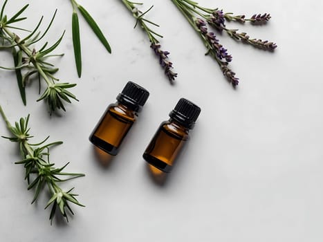 Aesthetic essential oil flatlay blank mockup on white background. Cosmetic container for advertising template.