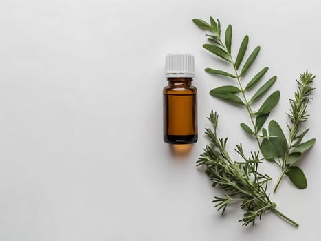 Aesthetic essential oil flatlay blank mockup on white background. Cosmetic container for advertising template.