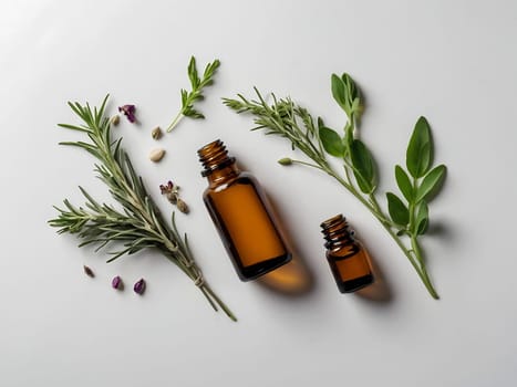 Aesthetic essential oil flatlay blank mockup on white background. Cosmetic container for advertising template.