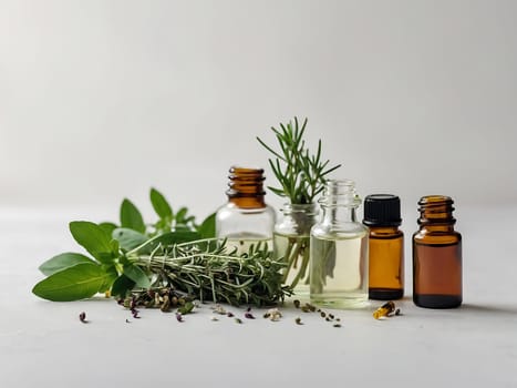 Aesthetic essential oil flatlay blank mockup on white background. Cosmetic container for advertising template.