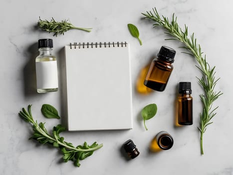 Aesthetic essential oil flatlay blank mockup on white background. Cosmetic container for advertising template.