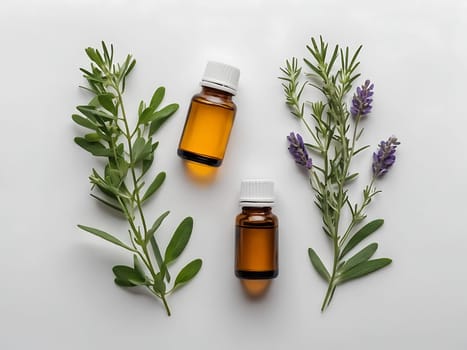 Aesthetic essential oil flatlay blank mockup on white background. Cosmetic container for advertising template.