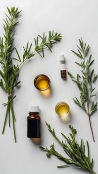 Aesthetic essential oil flatlay blank mockup on white background. Cosmetic container for advertising template.