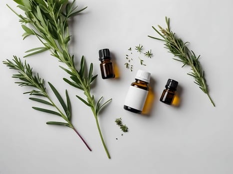 Aesthetic essential oil flatlay blank mockup on white background. Cosmetic container for advertising template.