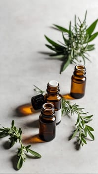 Aesthetic essential oil flatlay blank mockup on white background. Cosmetic container for advertising template.