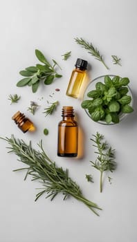 Aesthetic essential oil flatlay blank mockup on white background. Cosmetic container for advertising template.