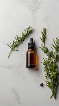 Aesthetic essential oil flatlay blank mockup on white background. Cosmetic container for advertising template.