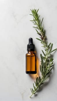 Aesthetic essential oil flatlay blank mockup on white background. Cosmetic container for advertising template.