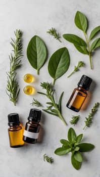 Aesthetic essential oil flatlay blank mockup on white background. Cosmetic container for advertising template.