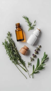 Aesthetic essential oil flatlay blank mockup on white background. Cosmetic container for advertising template.