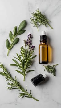 Aesthetic essential oil flatlay blank mockup on white background. Cosmetic container for advertising template.