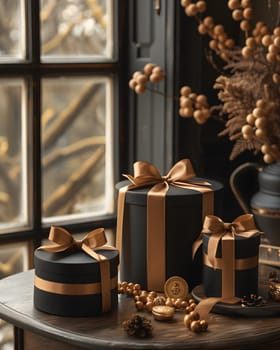Three brown boxes with gold ribbons are displayed on a wooden table, adding an elegant touch to the interior design. The serveware accents compliment the propertys rustic charm