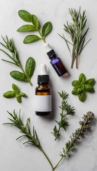 Aesthetic essential oil flatlay blank mockup on white background. Cosmetic container for advertising template.