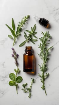 Aesthetic essential oil flatlay blank mockup on white background. Cosmetic container for advertising template.