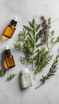 Aesthetic essential oil flatlay blank mockup on white background. Cosmetic container for advertising template.