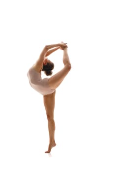 Image of gymnast doing vertical split. Isolated on white background