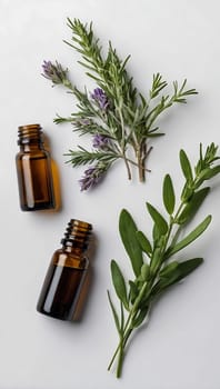 Aesthetic essential oil flatlay blank mockup on white background. Cosmetic container for advertising template.