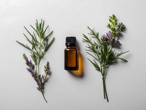 Aesthetic essential oil flatlay blank mockup on white background. Cosmetic container for advertising template.